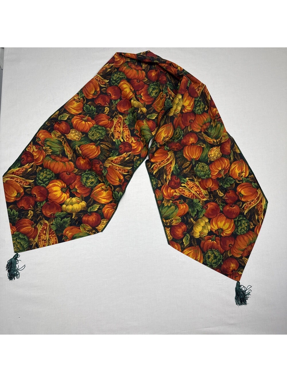 Fall Pumpkin TAPESTRY TABLE RUNNER 67” X 14” Green Tassels